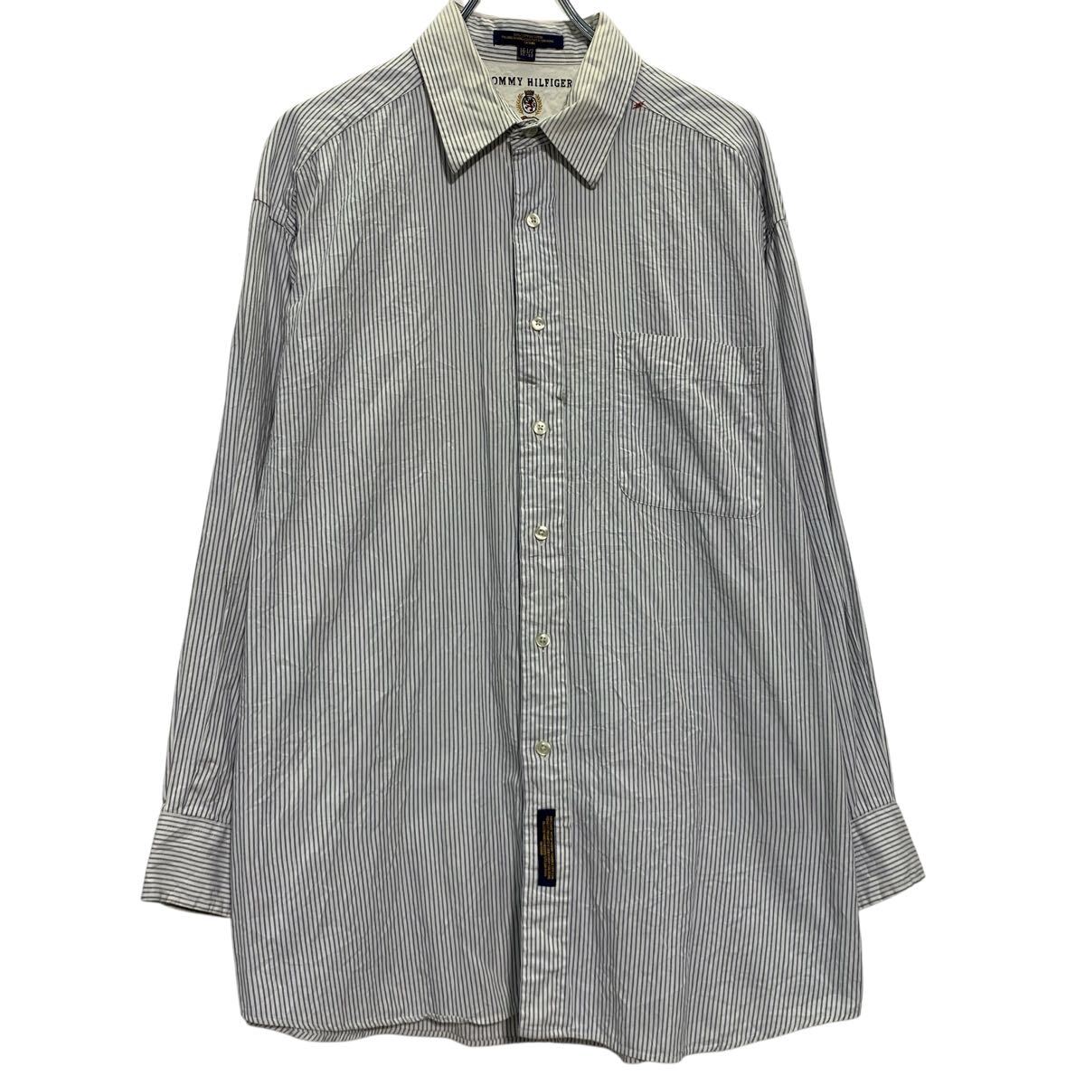 【中古】【古着】 TOMMY HILFIGER 長袖 ストライプシャツ 16 L 程 ホワイト ブルー トミーヒルフィガー ボタン 胸ポケット 古着卸 アメリカ仕入 a701-5023