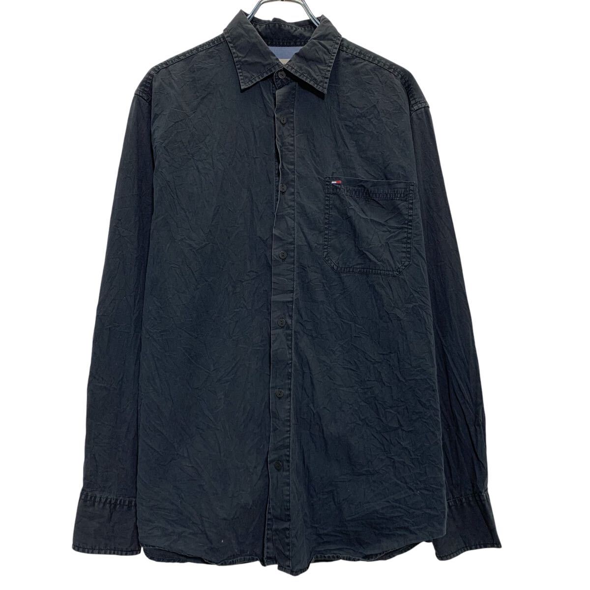 Denim Shirt - 【中古】【古着】 HILFIGER DENIM 長袖 無地シャツ L ブラック ヒルフィガーデニム ボタン 胸ポケット ワンポイント 刺繍 古着卸 アメリカ仕入 a701-5032