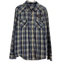 【中古】【古着】 長袖 チェックシャツ XL ブルー ベージュ スナップボタン ビッグサイズ バックプリント エポレット 刺繍 古着卸 アメリカ仕入 a701-5232(4)