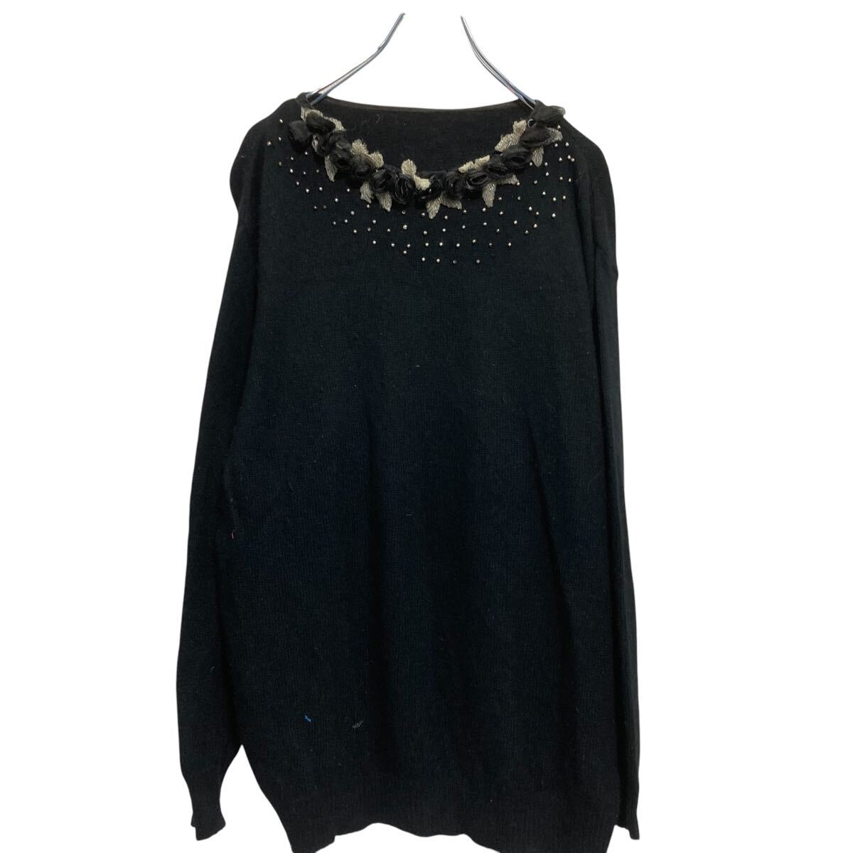 【中古】【古着】 フラワーモチーフ ニット セーター レディース XL～ ブラック ビジュー 古着卸 アメリカ仕入 a701-5266