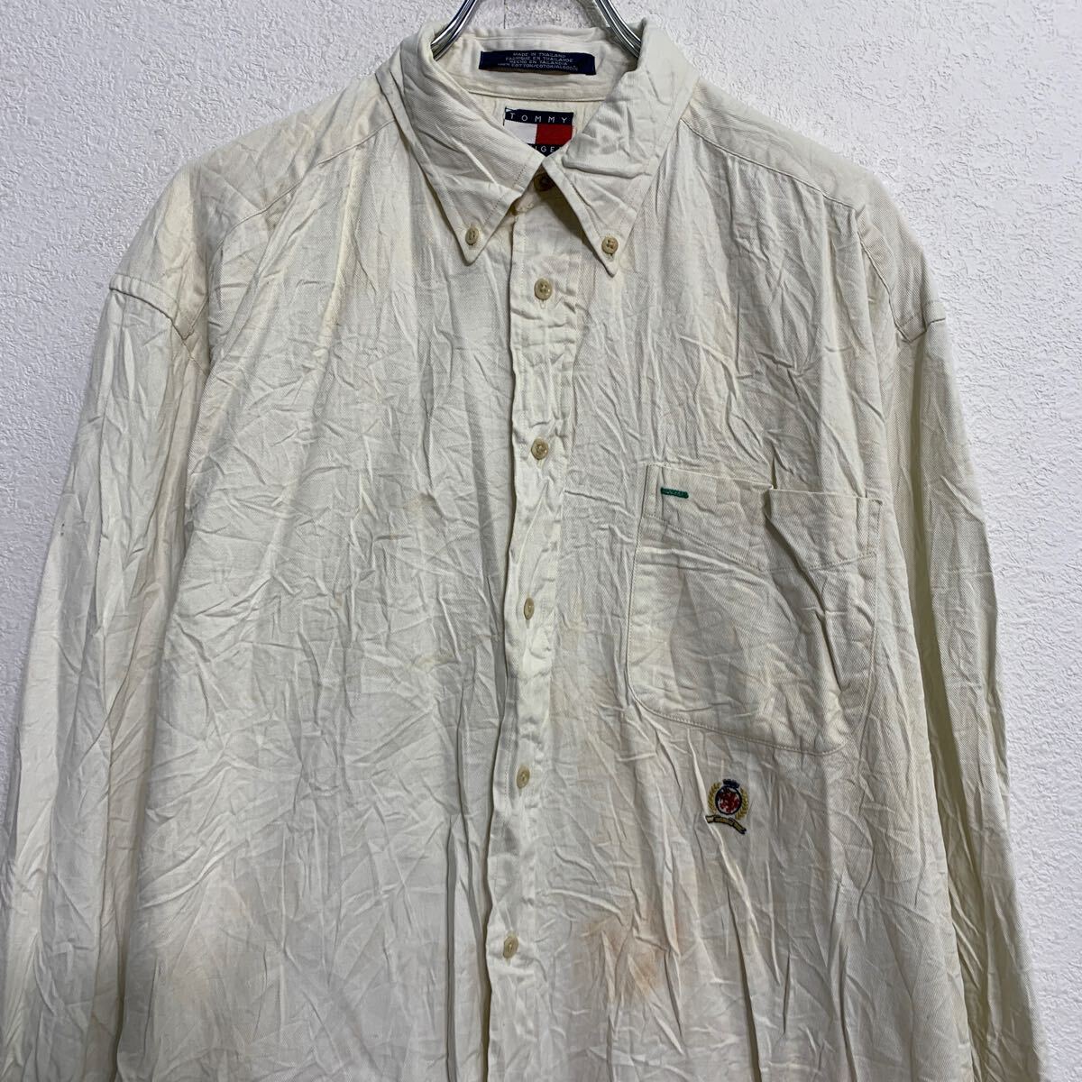 【中古】【古着】 TOMMY HILFIGER 長袖 無地シャツ L ホワイト トミーヒルフィガー ボタンダウン ワンポイント 胸ポケット 古着卸 アメリカ仕入 a701-5327