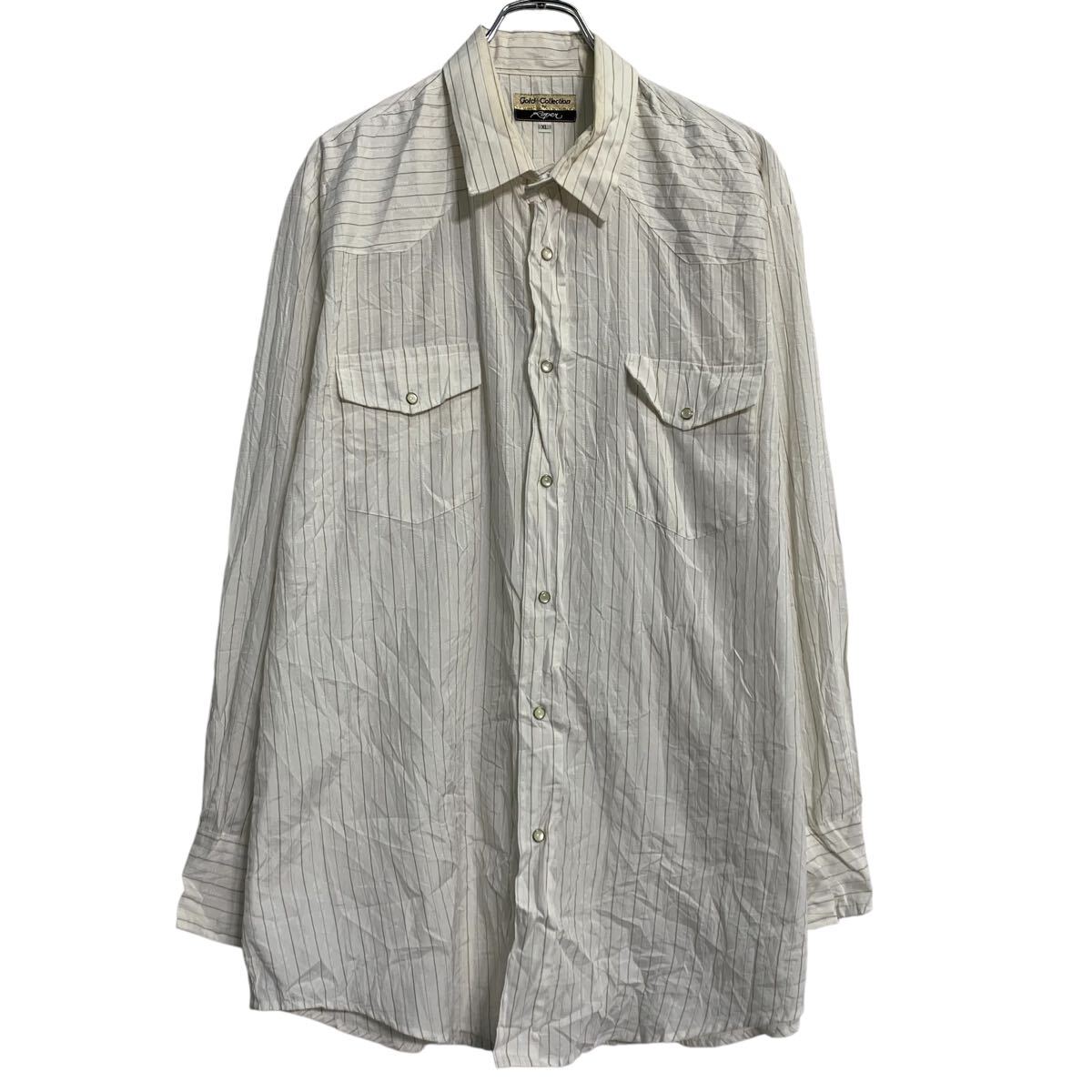 西式襯衫 - 【中古】【古着】 長袖 ストライプ ウエスタンシャツ XL ホワイト ブラウン スナップボタン ビッグサイズ カジュアルシャツ 古着卸 アメリカ仕入 a701-5822