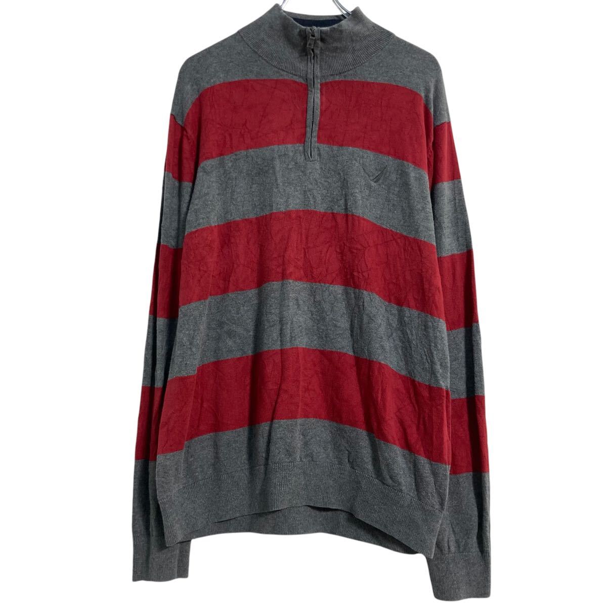 【中古】【古着】 NAUTICA コットン ニット セーター XL グレー レッド ノーティカ ボーダー ハーフジップ ビッグサイズ 古着卸 アメリカ仕入 a701-5877