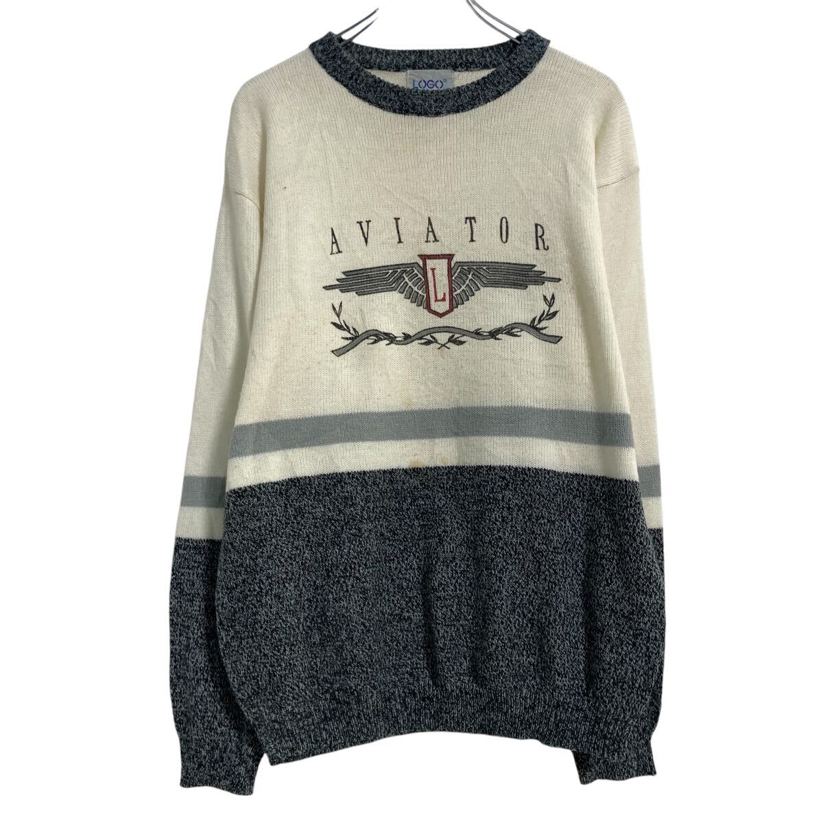 【中古】【古着】 LOGO ニット セーター L ホワイト グレー プリント 古着卸 アメリカ仕入 a701-6121