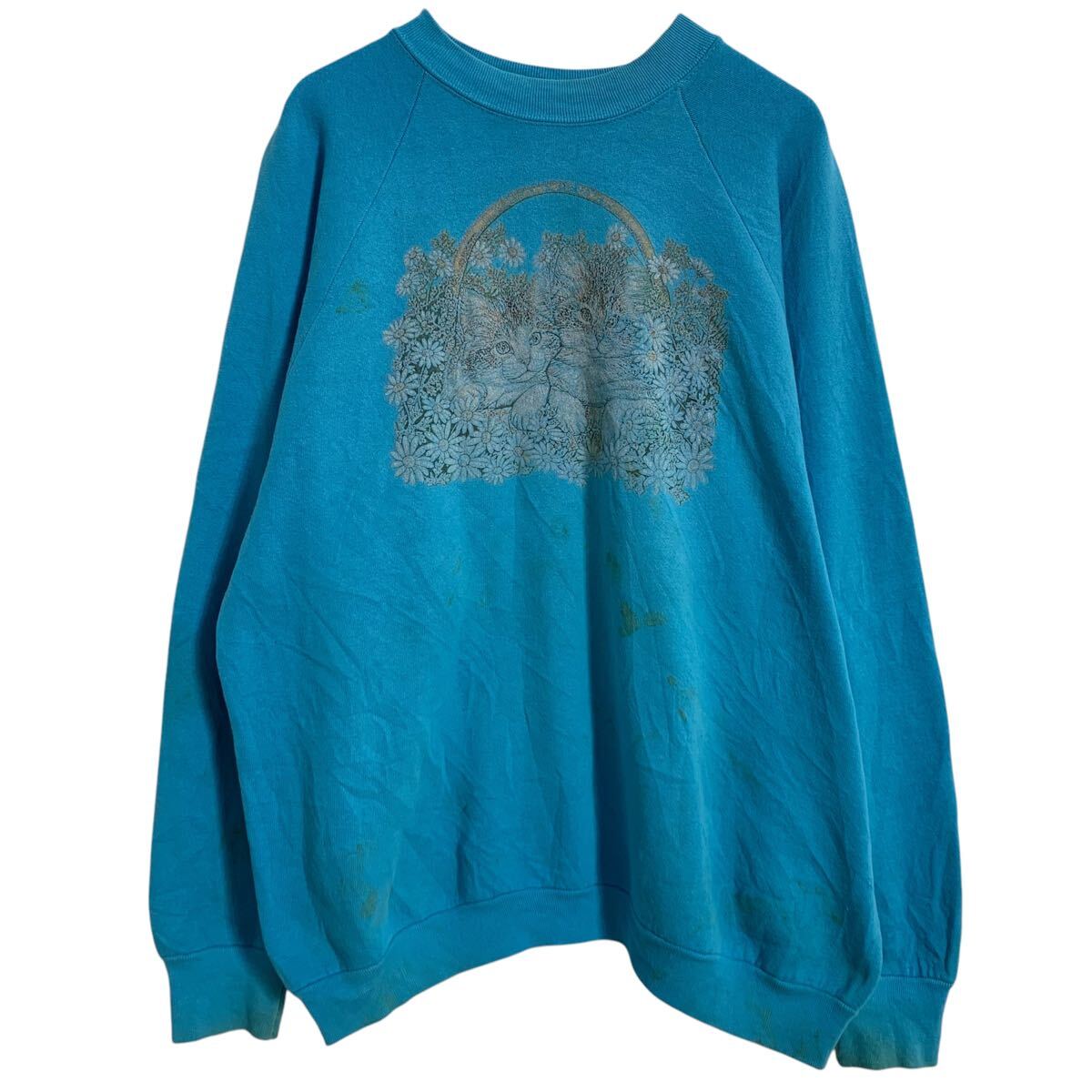 【中古】【古着】 Fruit Of The Loom プリントスウェット トレーナー XL ブルー系 フルーツオブザルーム USA製 ビッグサイズ 古着卸 アメリカ仕入 a701-6265