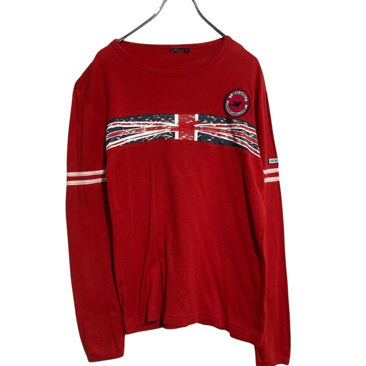 【中古】【古着】 長袖 プリントTシャツ L レッド ユニオンジャック ワッペン ロンT ロングTシャツ 古着卸 アメリカ仕入 a701-6287