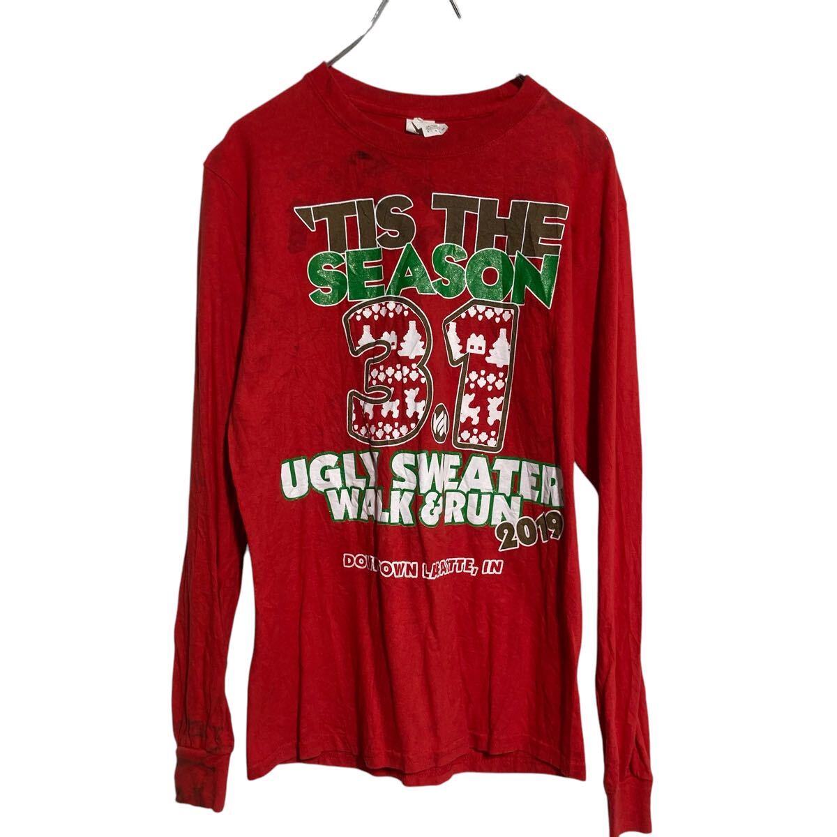 【中古】【古着】 GILDAN 長袖 プリントTシャツ S レッド ギルダン バックプリント 2019 ロンT ロングTシャツ 古着卸 アメリカ仕入 a701-6296