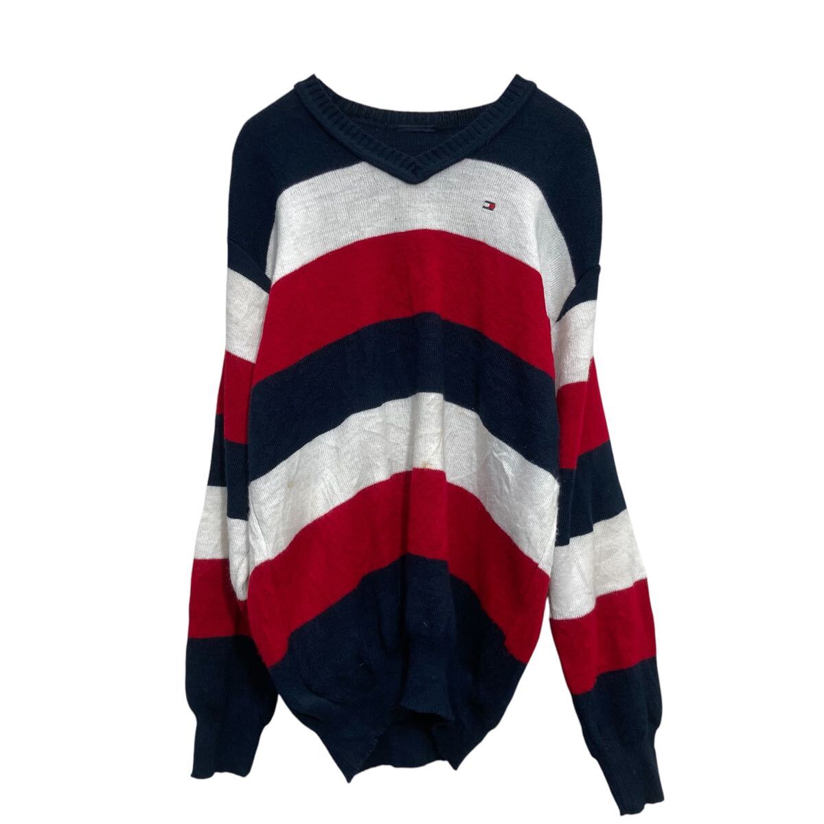 【中古】【古着】 アクリルニット セーター L～ ネイビー ホワイト レッド トリコロールカラー ボーダー Vネック 古着卸 アメリカ仕入 a701-6398
