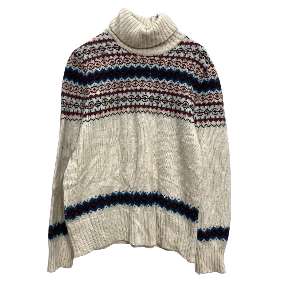 【中古】【古着】 ウール混紡 ハイネック ニット セーター M～ オフホワイト ネイビー オレンジ 柄 古着卸 アメリカ仕入 a701-6399