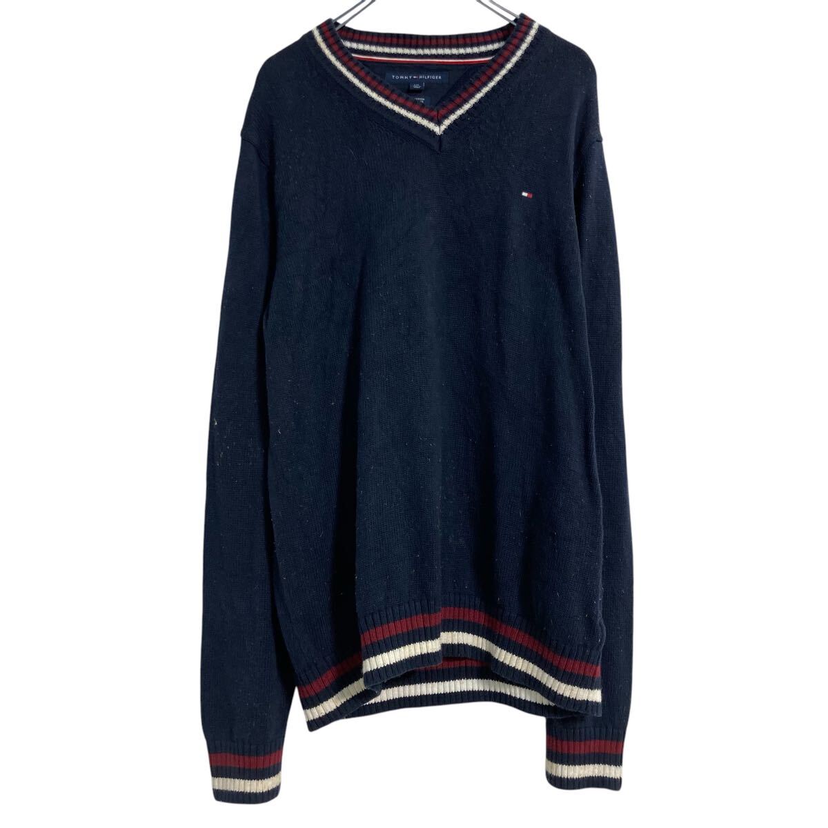 【中古】【古着】 TOMMY HILFIGER コットン ニット セーター L ネイビー トミーヒルフィガー Vネック 古着卸 アメリカ仕入 a701-6580