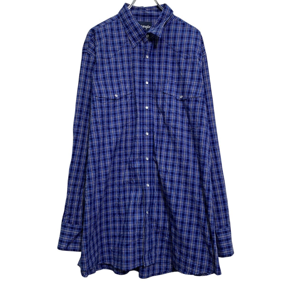 【中古】【古着】 Wrangler 長袖 チェックシャツ XXL 程 ブルー ネイビー ホワイト ラングラー スナッ..