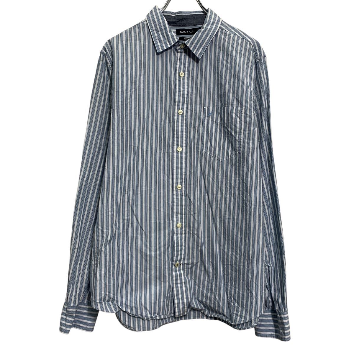 【中古】【古着】 NAUTICA 長袖 ストライプシャツ L ブルー ホワイト ノーティカ ボタン 胸ポケット ワンポイント カジュアル 古着卸 ..