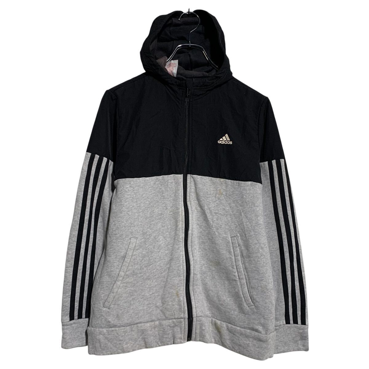 【中古】【古着】 adidas ロゴスウェット パーカー M 程 ブラック グレー アディダス ジップアップ ワンポイント スポーツ 古着卸 アメリカ仕入 a701-6647