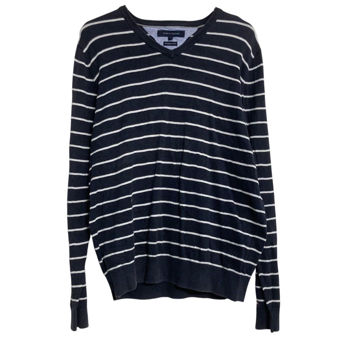 V-Neck - 【中古】【古着】 TOMMY HILFIGER コットンニット セーター トミーヒルフィガー S ブラック ボーダー Vネック 防寒 古着卸 アメリカ仕入 a701-6807