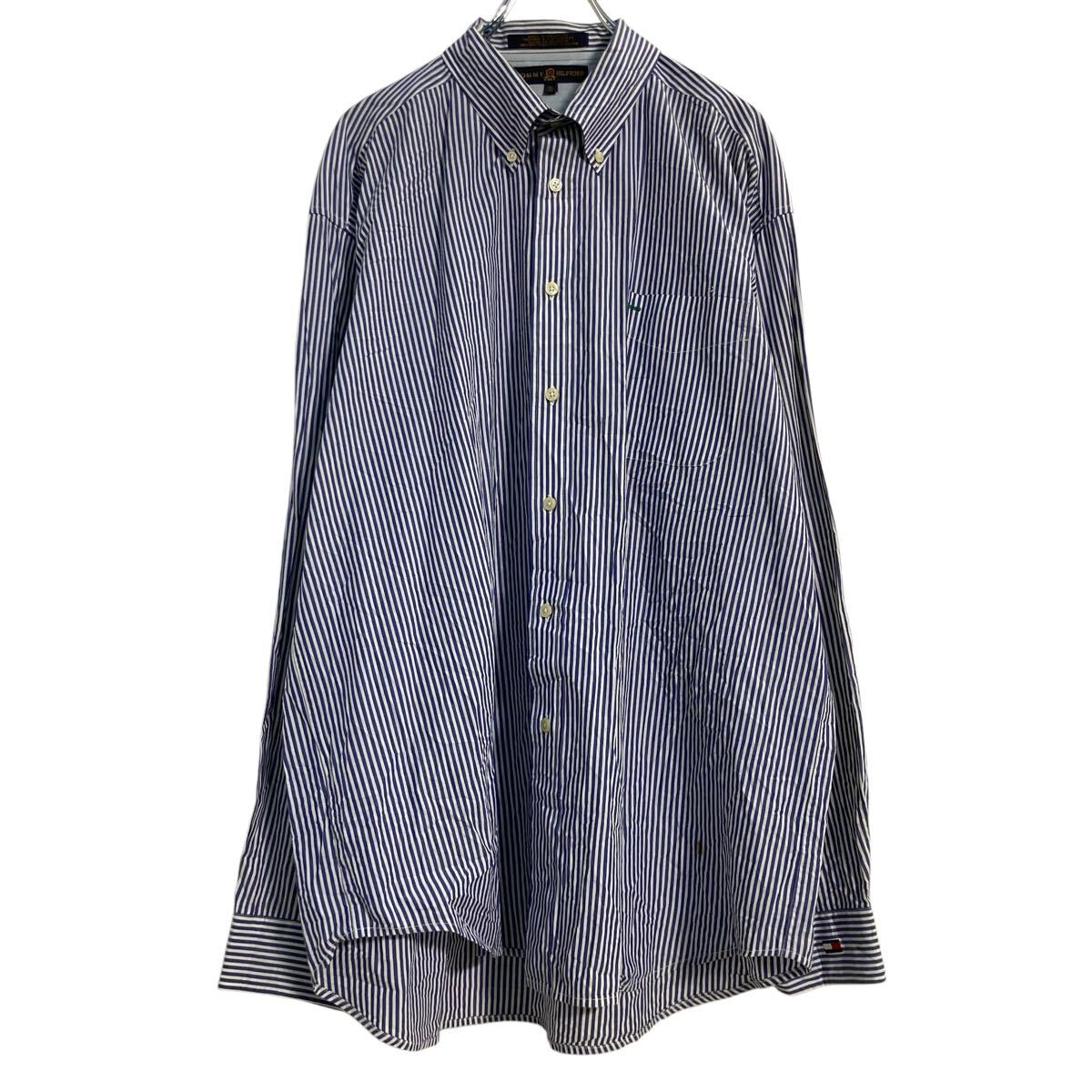【中古】【古着】 TOMMY HILFIGER 長袖 ストライプシャツ XL ネイビー ホワイト トミーヒルフィガー ボタンダウン 古着卸 アメリカ仕入..