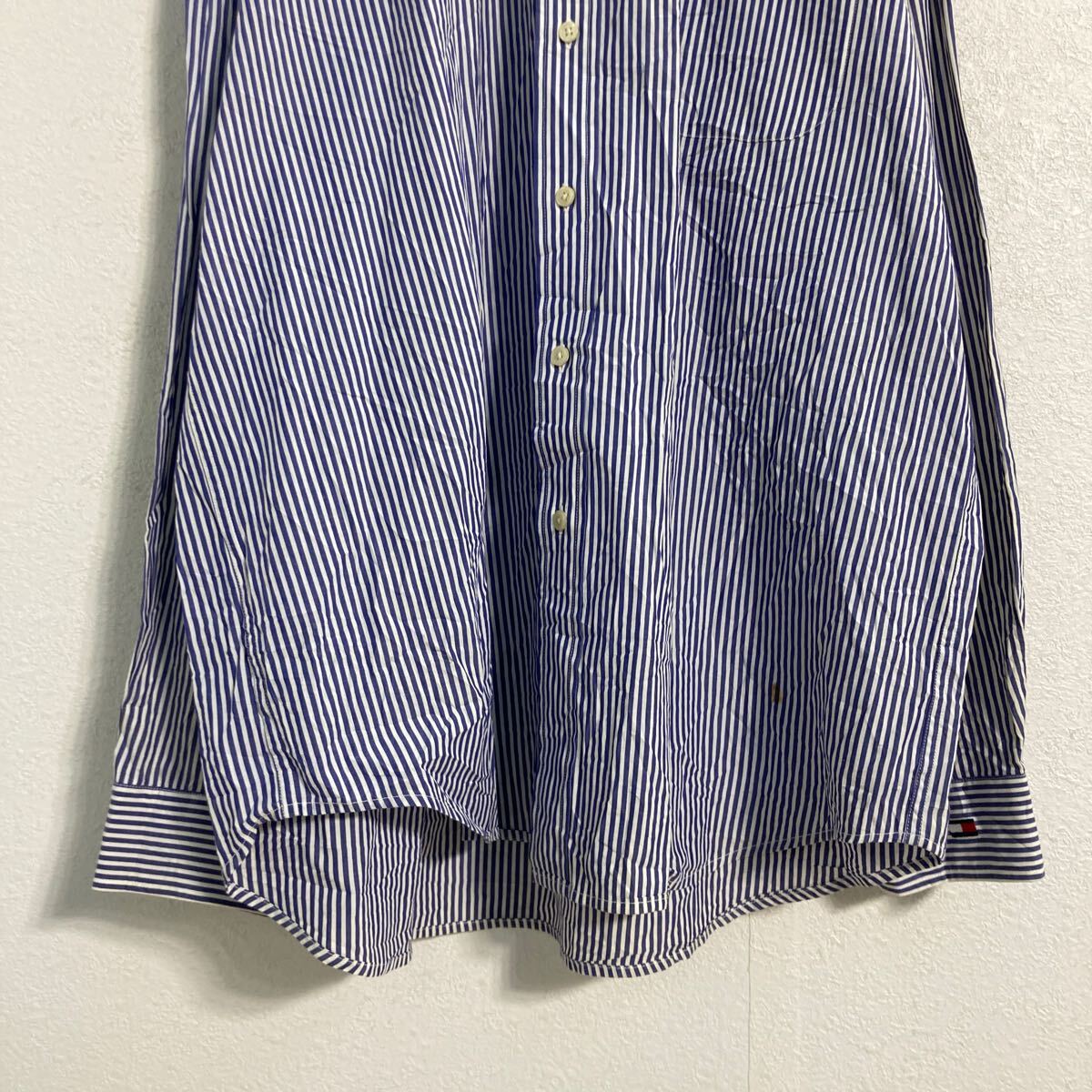 【中古】【古着】 TOMMY HILFIGER 長袖 ストライプシャツ XL ネイビー ホワイト トミーヒルフィガー ボタンダウン 古着卸 アメリカ仕入 a701-7246