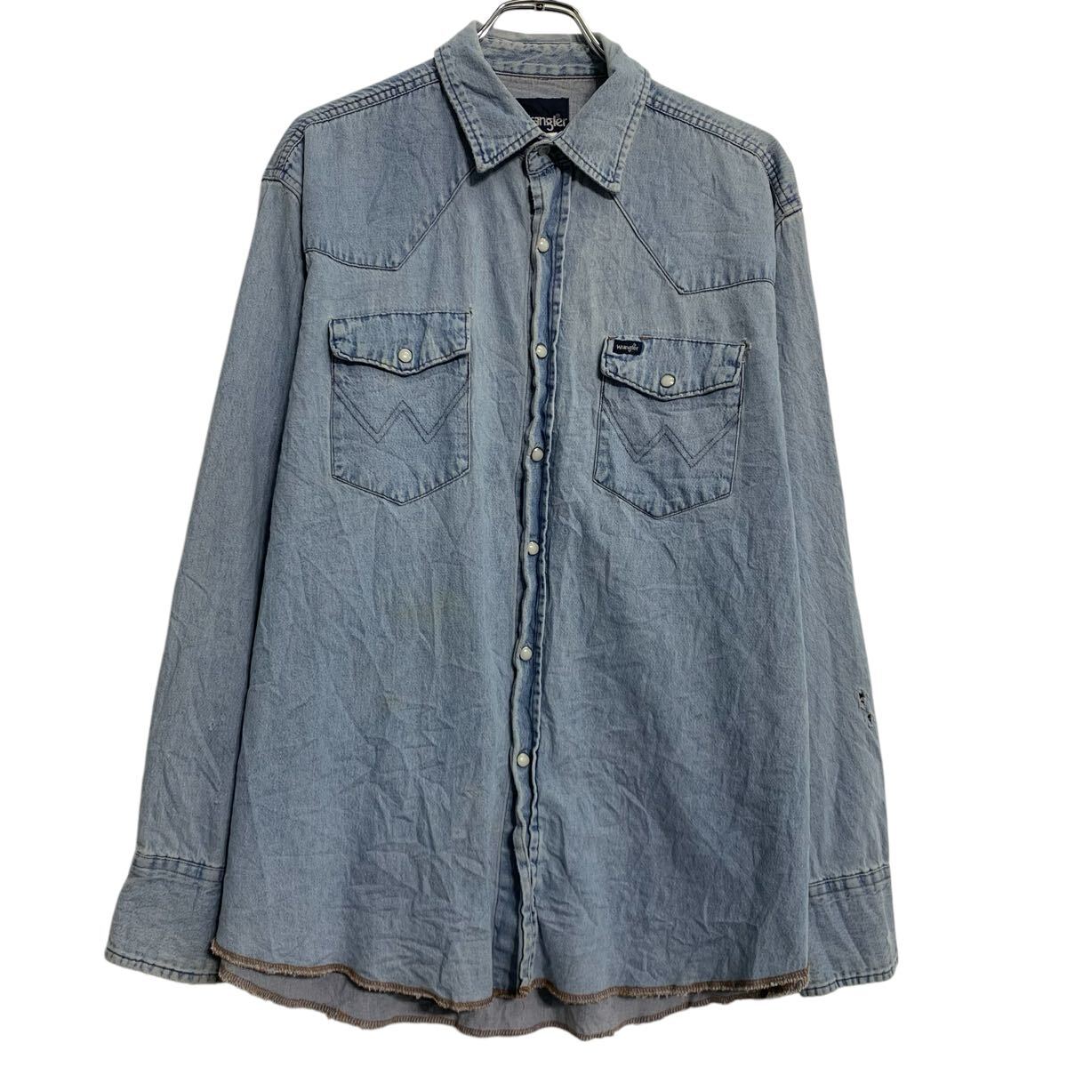 【中古】【古着】 Wrangler 長袖 デニムシャツ XL 色落ちブルー ラングラー スナップボタン ビッグサイズ 胸ポケット 古着卸 アメリカ仕入 a701-7359