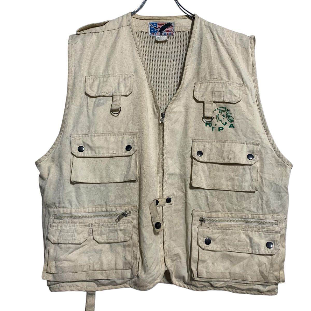 棉花 - 【中古】【古着】 FREE WEAR ワークベスト XL ベージュ ジップアップ ビッグサイズ バックプリント マルチポケット 古着卸 アメリカ仕入 a701-7463