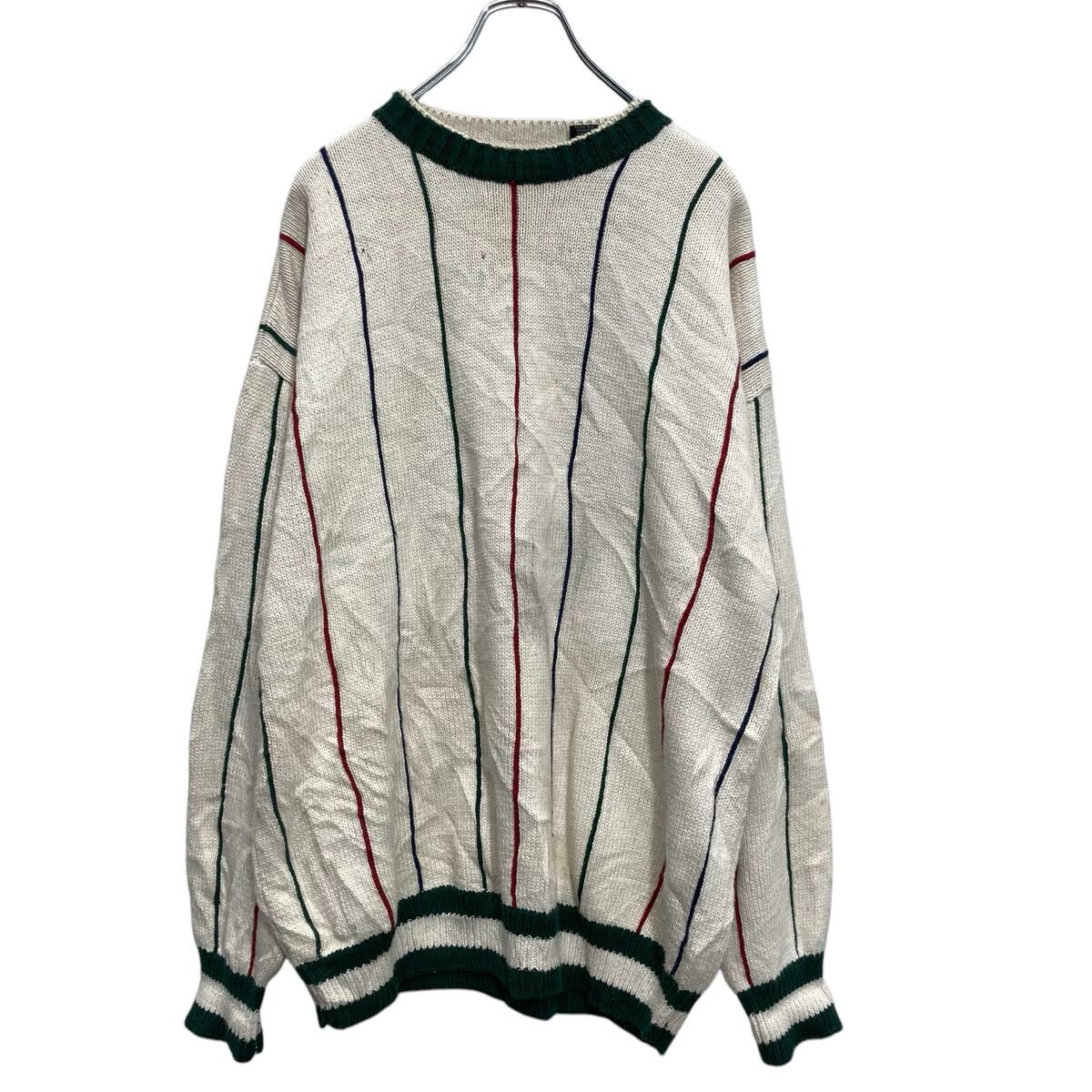 【中古】【古着】 STRUCTURE コットン混紡 ニット セーター L アイボリー ストライプ グリーン 古着卸 アメリカ仕入 a702-5284
