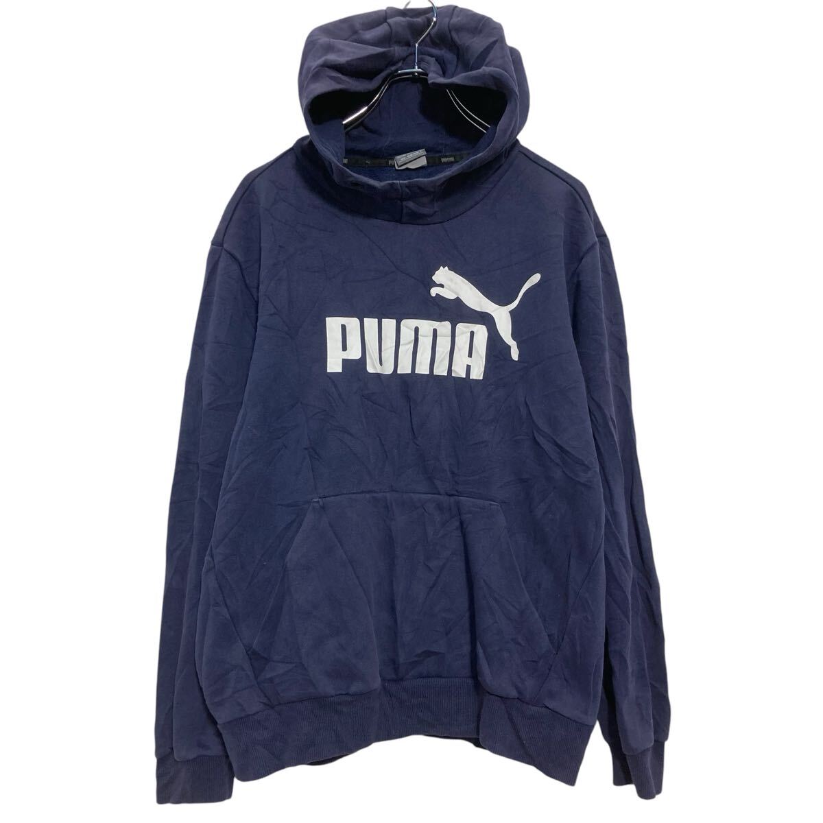 【中古】【古着】 PUMA プリントスウェット パーカー M ネイビー プーマ 裏起毛 古着卸 アメリカ仕入 a702-6189