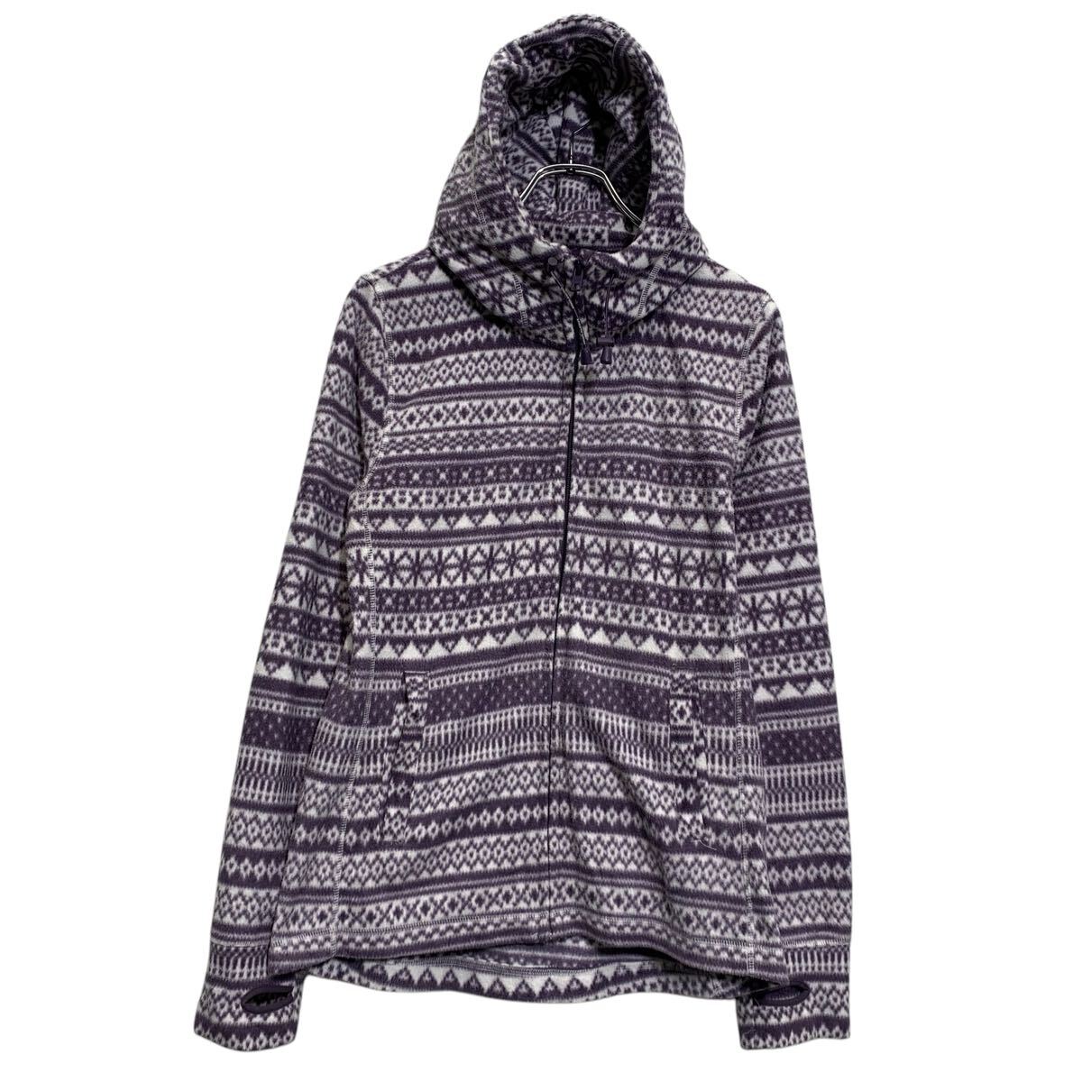 【中古】【古着】 H&M フリースジャケット M パープル ホワイト エイチアンドエム ジップアップ 総柄 ボーダー フード付き 古着卸 アメリカ仕入 a702-6196