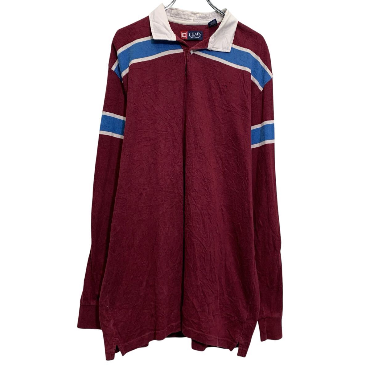 【中古】【古着】 CHAPS 長袖 ポロシャツ XL エンジ ブルー チャップス ハーフボタン ビッグサイズ バックプリント ボーダー 古着卸 アメリカ仕入 a702-6199