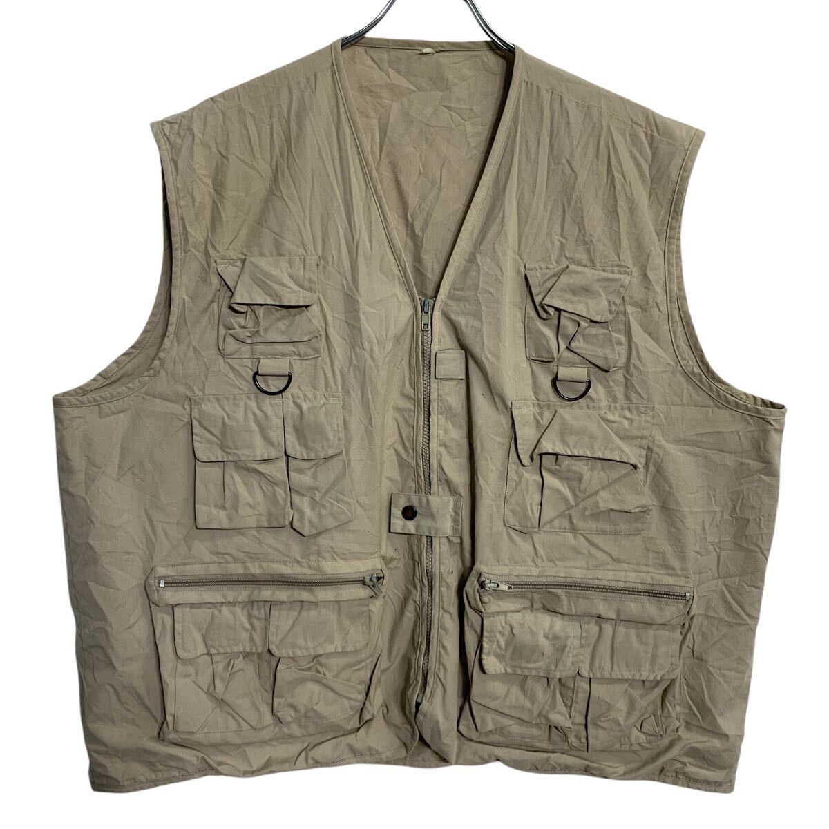 【中古】【古着】 フィッシングベスト L〜 ベージュ ジップアップ ワークウェア マルチポケット メッシュ 切替 シンプル 古着卸 アメリカ仕入 a702-6445