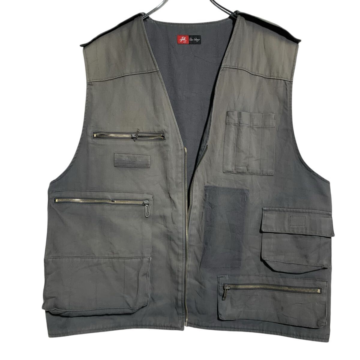 【中古】【古着】 ハンティングベスト M〜 グレー系 羽織 バックプリント エポレット マルチポケット ..