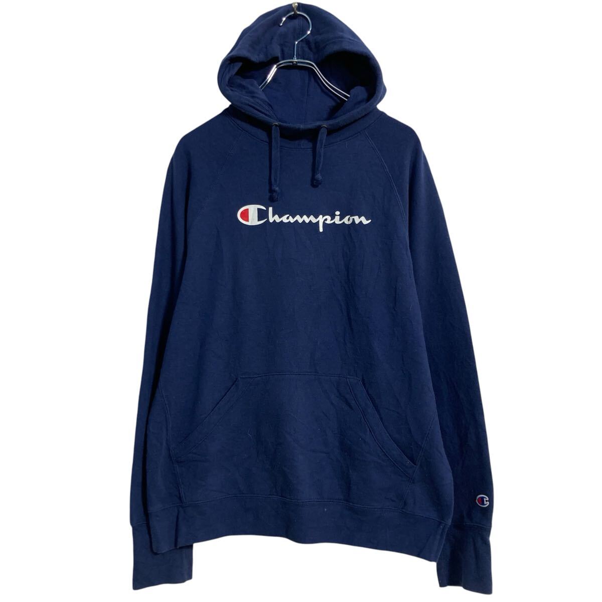 【中古】【古着】 Champion プリントスウェット パーカー L ネイビー チャンピオン プルオーバー 裏起毛 古着卸 アメリカ仕入 a702-6790