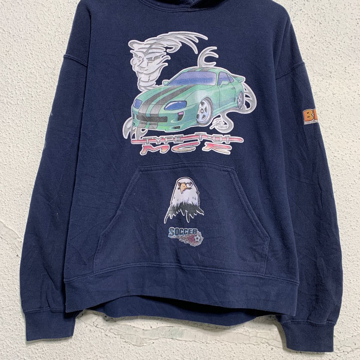 【中古】【古着】 GILDAN プリントスウェット パーカー M ネイビー ギルダン プルオーバー バックプリント アームプリント 古着卸 アメリカ仕入 a702-6993