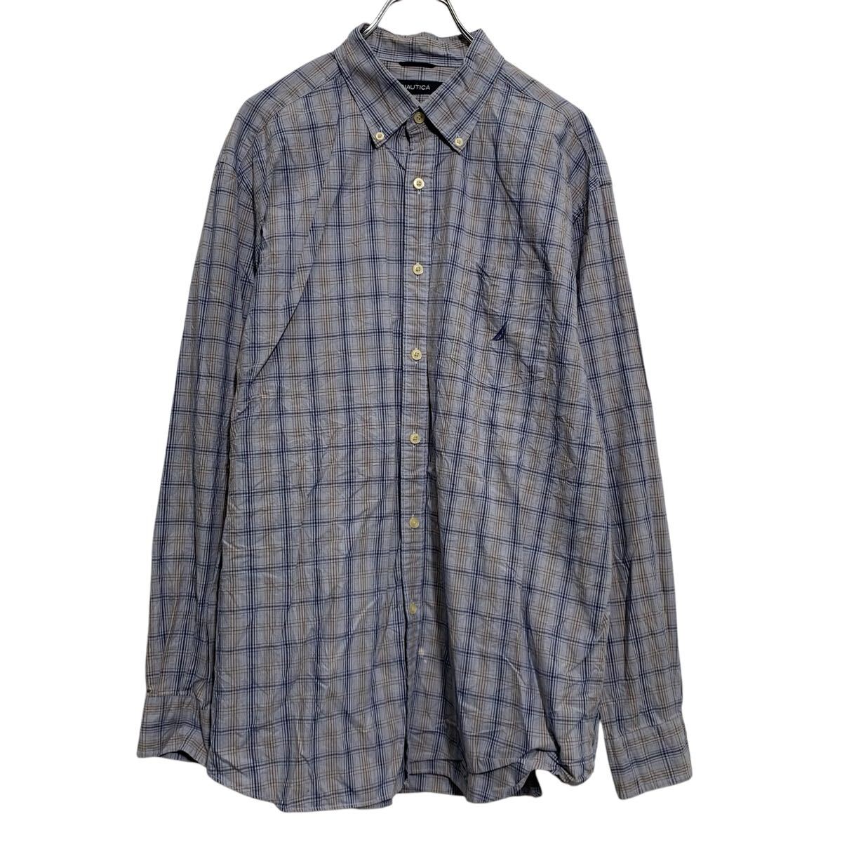 【中古】【古着】 NAUTICA 長袖 チェックシャツ XL ブルーグレー ノーティカ ボタンダウン ビッグサイズ 胸ポケット ロゴ 古着卸 アメリカ仕入 a702-7090