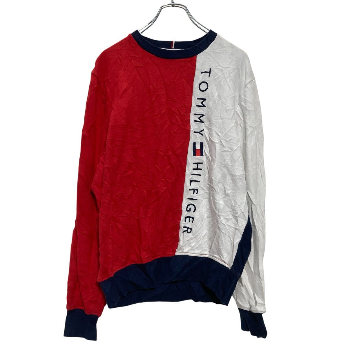 【中古】【古着】 TOMMY HILFIGER ロゴスウェット トレーナー M レッド ホワイト 切替 トミーヒルフィ..