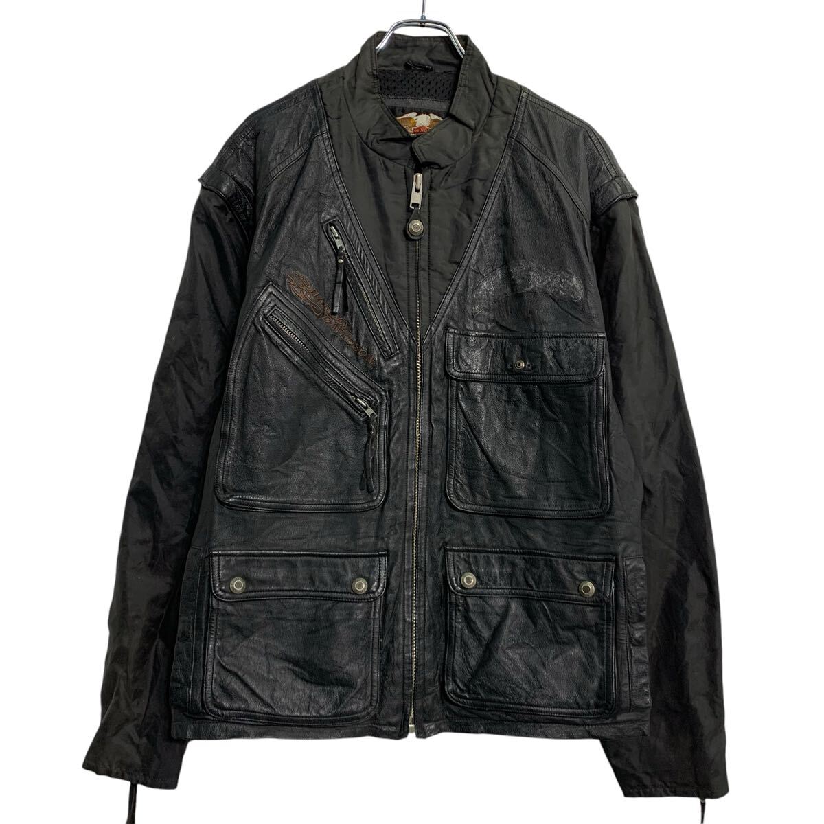 【中古】【古着】 Harley Davidson レザージャケット XL〜 ブラック ハーレーダビッドソン ジップアップ マルチポケット 古着卸 アメリカ仕入 a702-7170