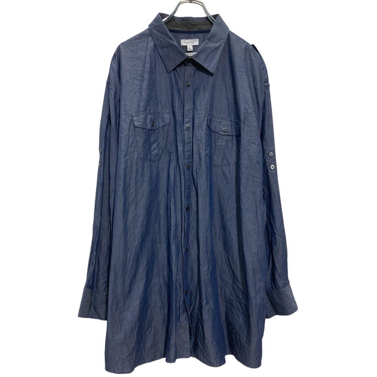 【中古】【古着】 Calvin Klein 長袖 ミリタリーシャツ 3XL ネイビー カルバンクライン スリムフィット エポレット 古着卸 アメリカ仕入 a702-7210