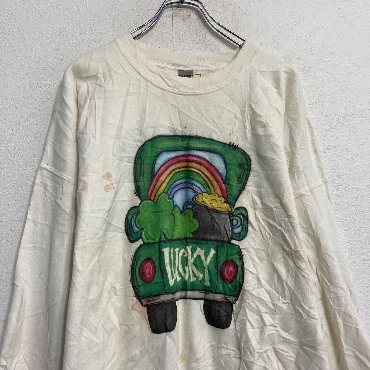 【中古】【古着】 GILDAN プリントスウェット トレーナー ギルダン 2XL ホワイト ビッグサイズ プルオーバー 裏起毛 古着卸 アメリカ仕入 a703-5243