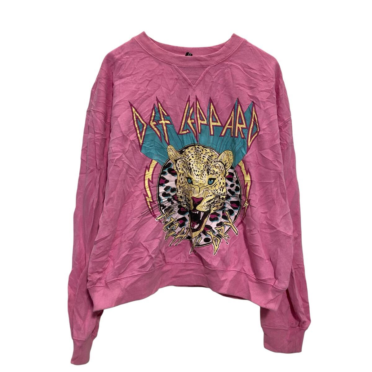【中古】【古着】 H M DEFLEPPARD プリントスウェット トレーナー S ピンク デフレパード 裏起毛 古着卸 アメリカ仕入 a703-5484