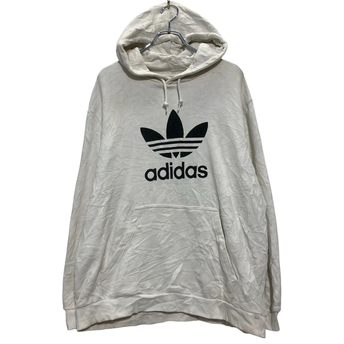 【中古】【古着】 adidas プリントスウェット パーカー XL オフホワイト アディダス スポーツ プルオーバー ビッグサイズ 古着卸 アメリカ仕入 a703-5663