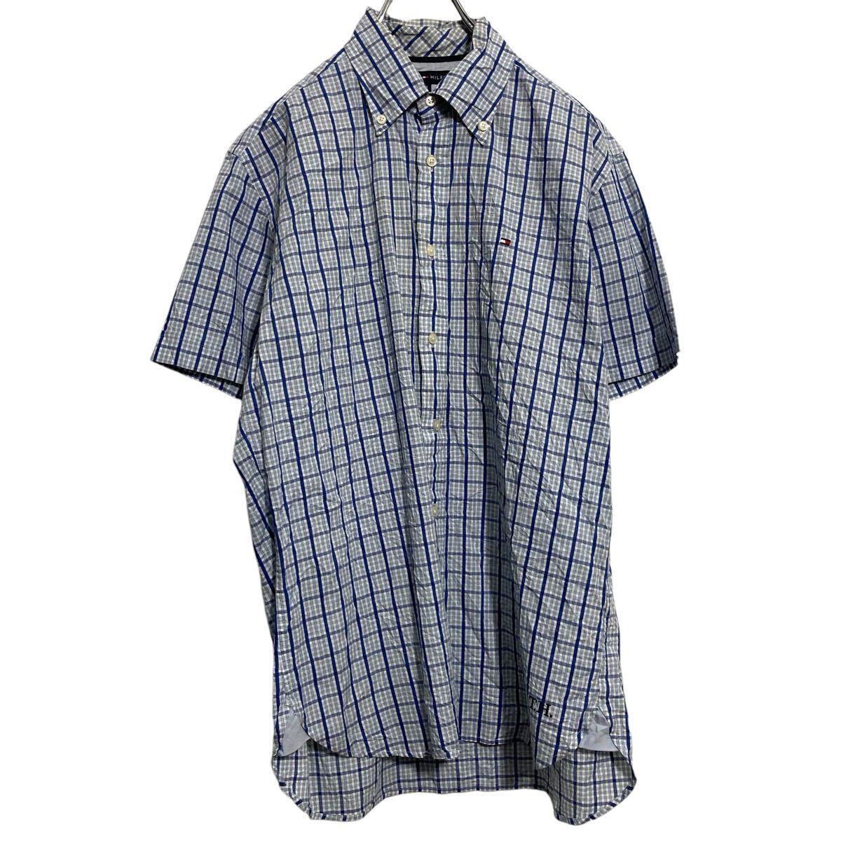 【中古】【古着】 TOMMY HILFIGER 半袖 チェックシャツ トミーフィルフィガー M ブルー ボタンダウン ポケット 古着卸 アメリカ仕入 a703-5756