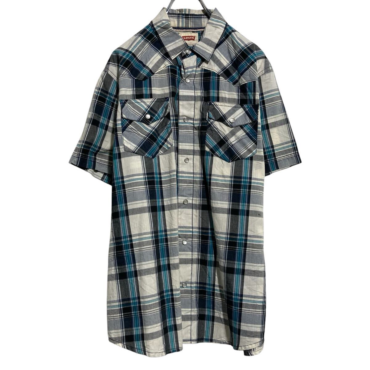 【中古】【古着】 Levi’s 半袖 チェックシャツ M ブルー リーバイス ウェスタン ポケット 古着卸 アメリカ仕入 a703-5766