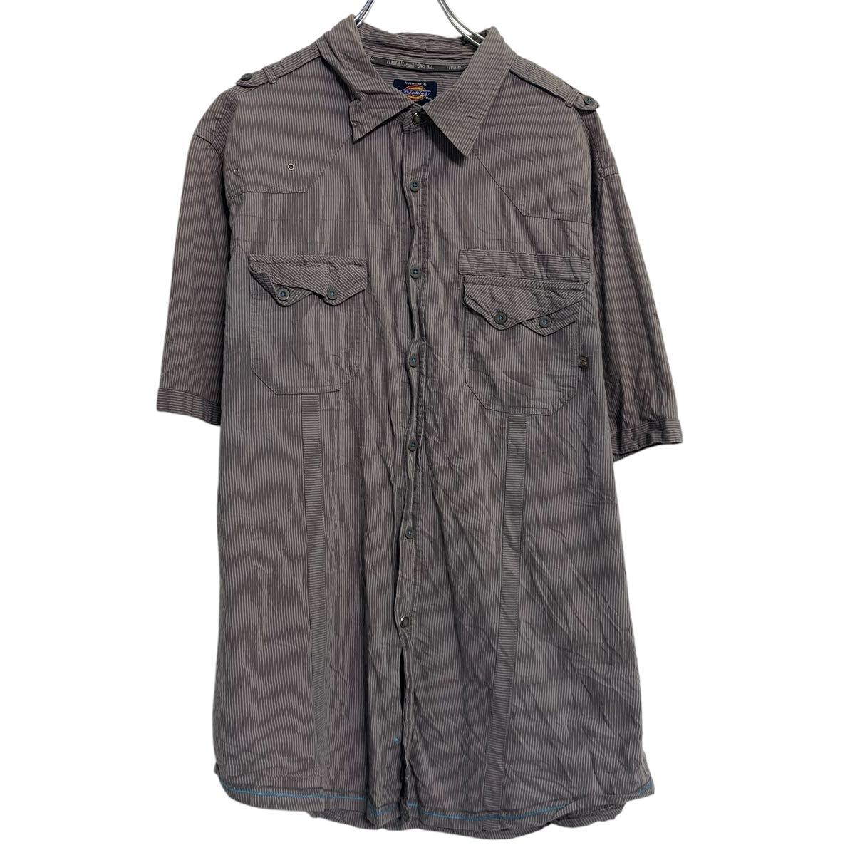 【中古】【古着】 Dickies 半袖 ストライプシャツ XL グレー ホワイト ディッキーズ ボタン ビッグサイズ 胸ポケット ワーク 古着卸 アメリカ仕入 a703-6180