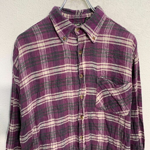 【中古】【古着】 長袖 チェック ネルシャツ L パープル ホワイト ブラック ボタンダウン 胸ポケット カジュアルシャツ 古着卸 アメリカ仕入 a703-6400