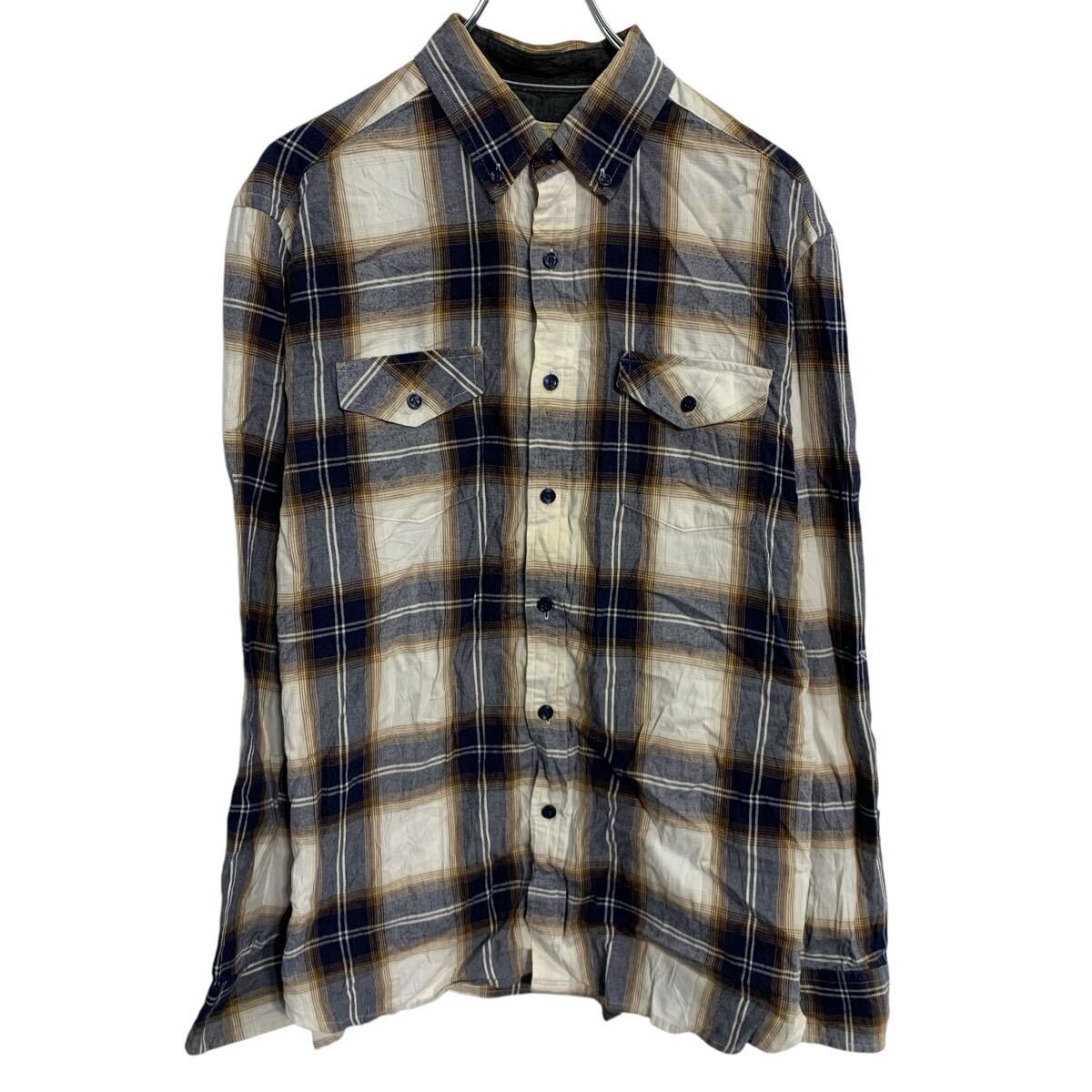 【中古】【古着】 長袖 チェック ネルシャツ L〜 ブルー ホワイト ブラウン系 ボタンダウン 胸ポケット カジュアルシャツ 古着卸 アメリカ仕入 a703-6507