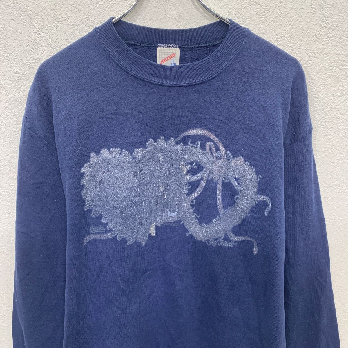 【中古】【古着】 JERZEES プリントスウェット トレーナー L ネイビー ジャージーズ プルオーバー 裏起毛 古着卸 アメリカ仕入 a703-6798