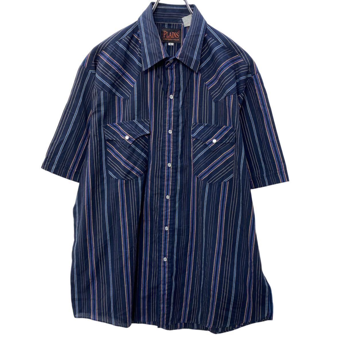 Western Shirt - 【中古】【古着】 PLAINS 半袖 ストライプ ウエスタンシャツ L ネイビー パープル ブルー スナップボタン 古着卸 アメリカ仕入 a704-5395