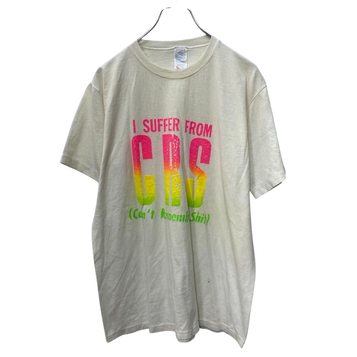 【中古】【古着】 JERZEES プリントTシャツ L オフホワイト ジャージーズ USA製 80's〜90's ネオンカラープリント 古着卸 アメリカ仕入 a704-5622
