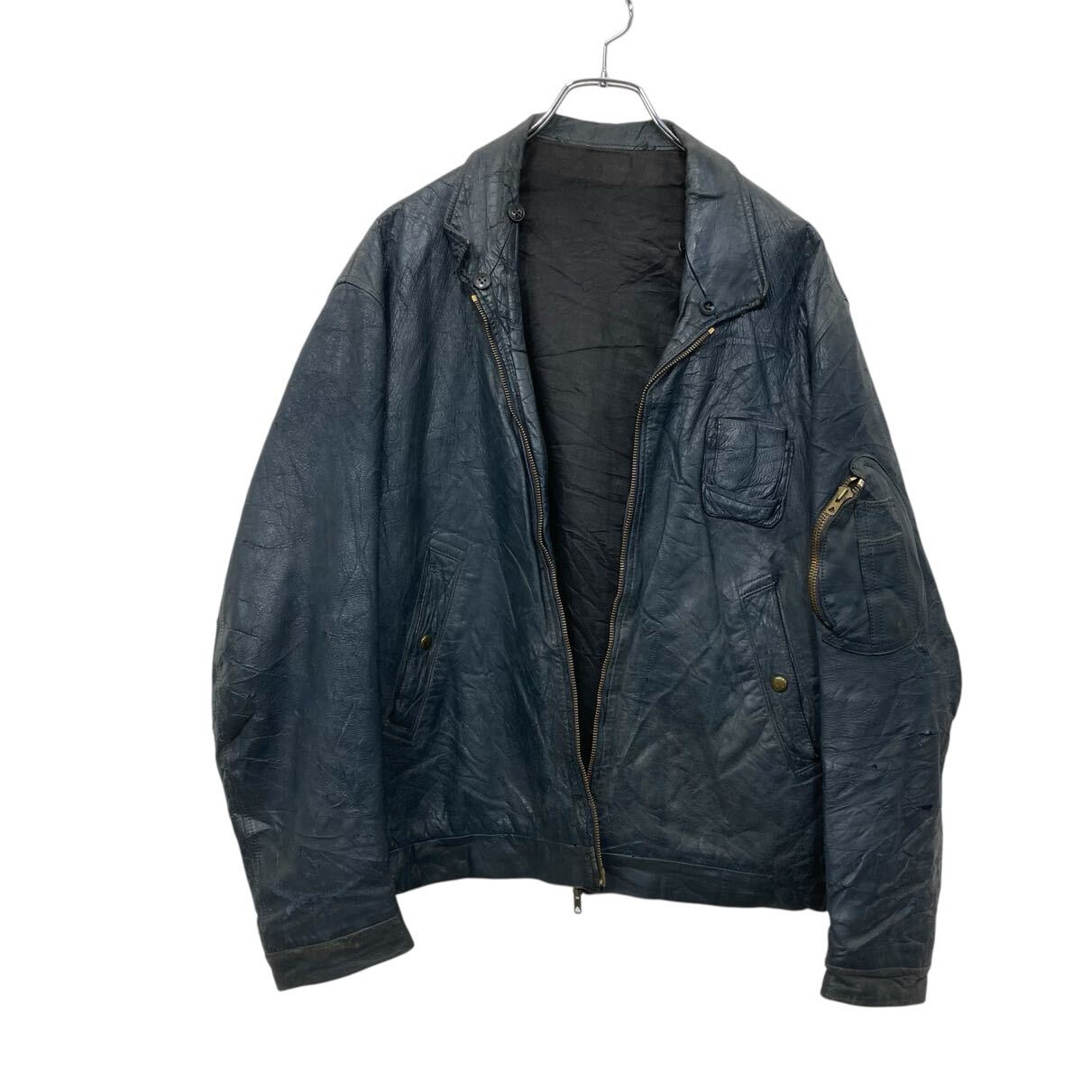 【中古】【古着】 ユーロパイロット レザージャケット Mサイズ位 フランス YKKジップ 単丈 ネイビー 古着卸 アメリカ仕入 a705-5432