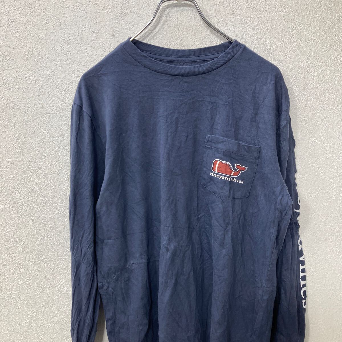 【中古】【古着】 長袖 プリントTシャツ S ネイビー プルオーバー ロングスリーブ 袖プリント バックプリント 古着卸 アメリカ仕入 a705-5486