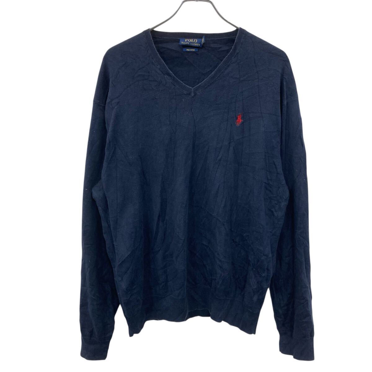 【中古】【古着】 POLO RALPH LAUREN コットンニット セーター XL グレー ポロラルフローレン ロゴ刺繍 Vネック 古着卸 アメリカ仕入 a706-5514