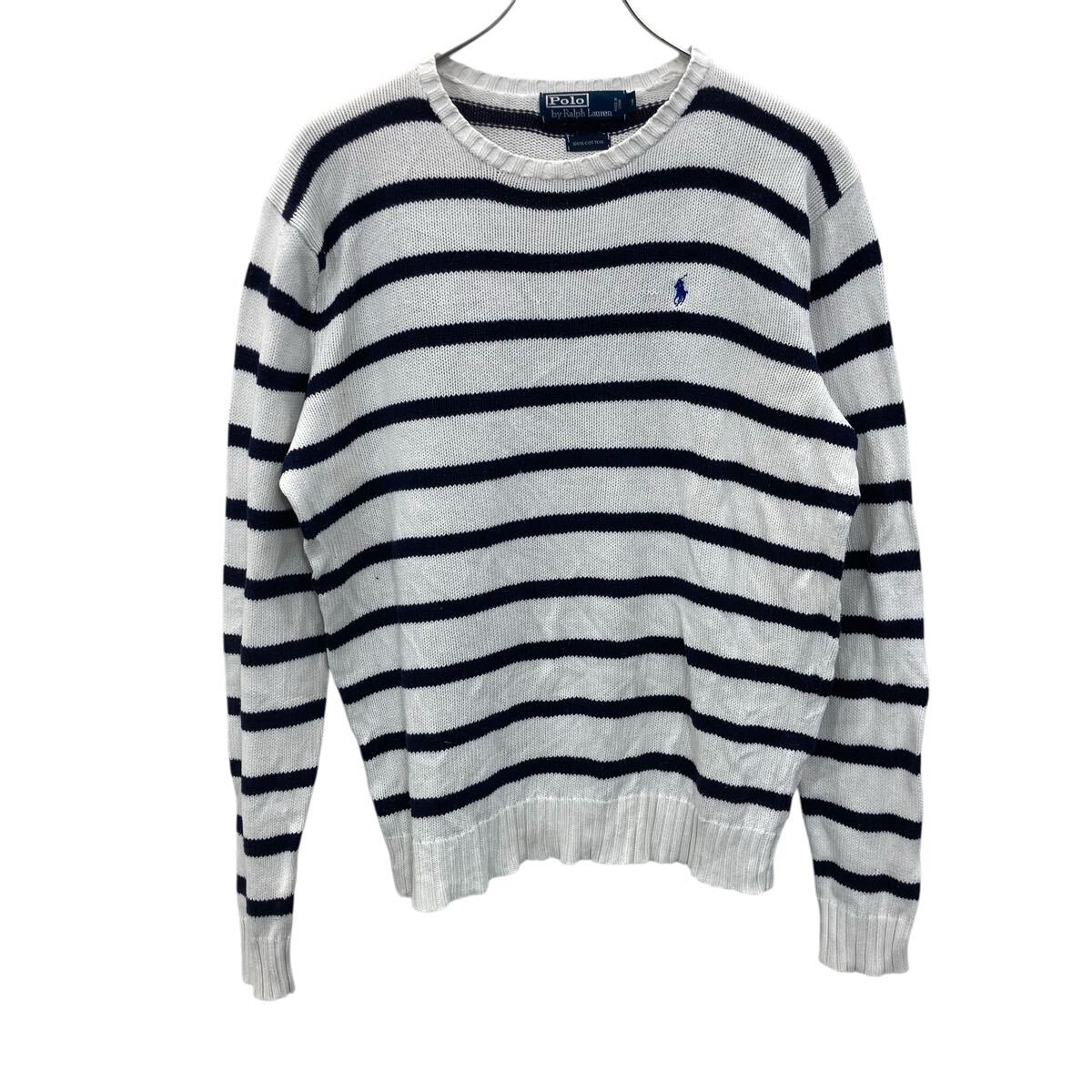 【中古】【古着】 POLO RALPH LAUREN コットンニット セーター M ホワイト ポロラルフローレン ロゴ刺繍 ボーダー 古着卸 アメリカ仕入 a706-5536