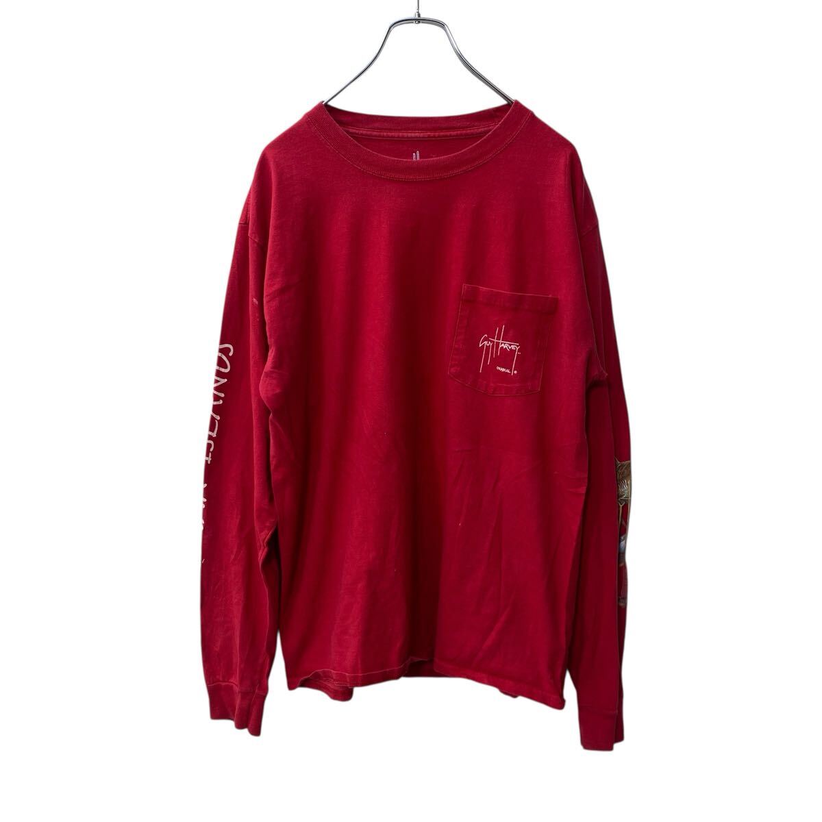 【中古】【古着】 長袖 プリントTシャツ M レッド ロングスリーブTシャツ ロンT 袖プリント バックプリント シャーク ドクロ 古着卸 アメリカ仕入 a706-5557